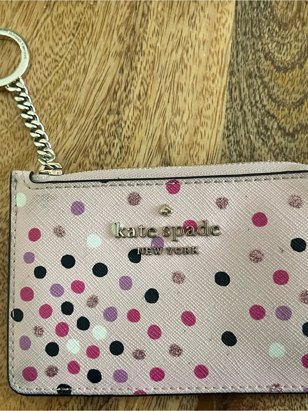 Kate Spade New York , Pink Polka Dot Keychain & Card Holder with Gold Logo